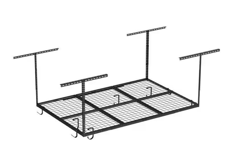 FLEXIMOUNTS OHK Series 48 in. W x 72 in. D x 22-40 in. H Black Ceiling Mounted Overhead Garage Storage Rack with Accessory Hooks