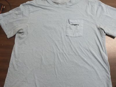 Patagonia Men's Light Blue Pocket T-Shirt - Size Large, Worn Wear (Minor Imperfections)