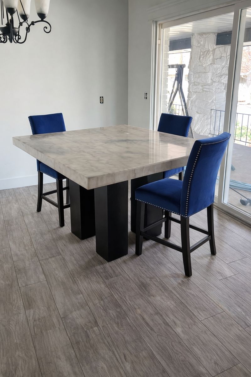 Marble Top Counter Height Table + 3 Blue Chairs