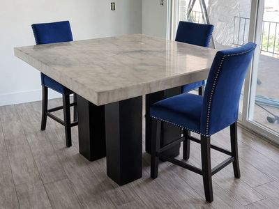 Marble Top Counter Height Table + 3 Blue Chairs
