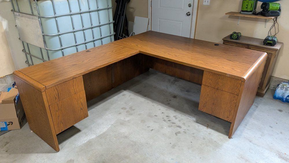 Large Wooden Executive L-Shaped Office Desk with Built-in Drawers