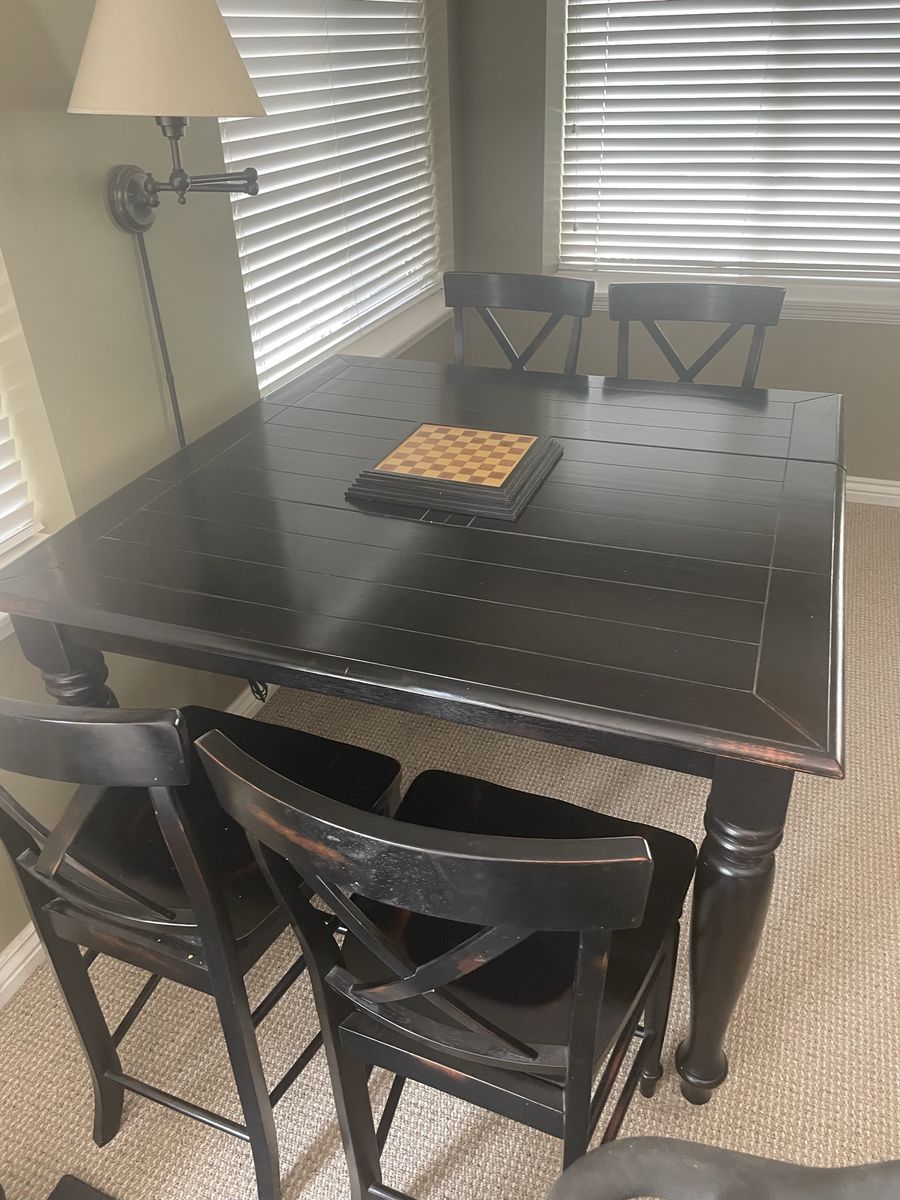 Black Wood Square Dining Table & 4 Bar Height Chairs - Compact & Stylish Set