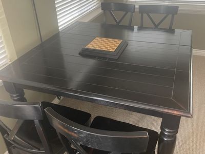 Black Wood Square Dining Table & 4 Bar Height Chairs - Compact & Stylish Set