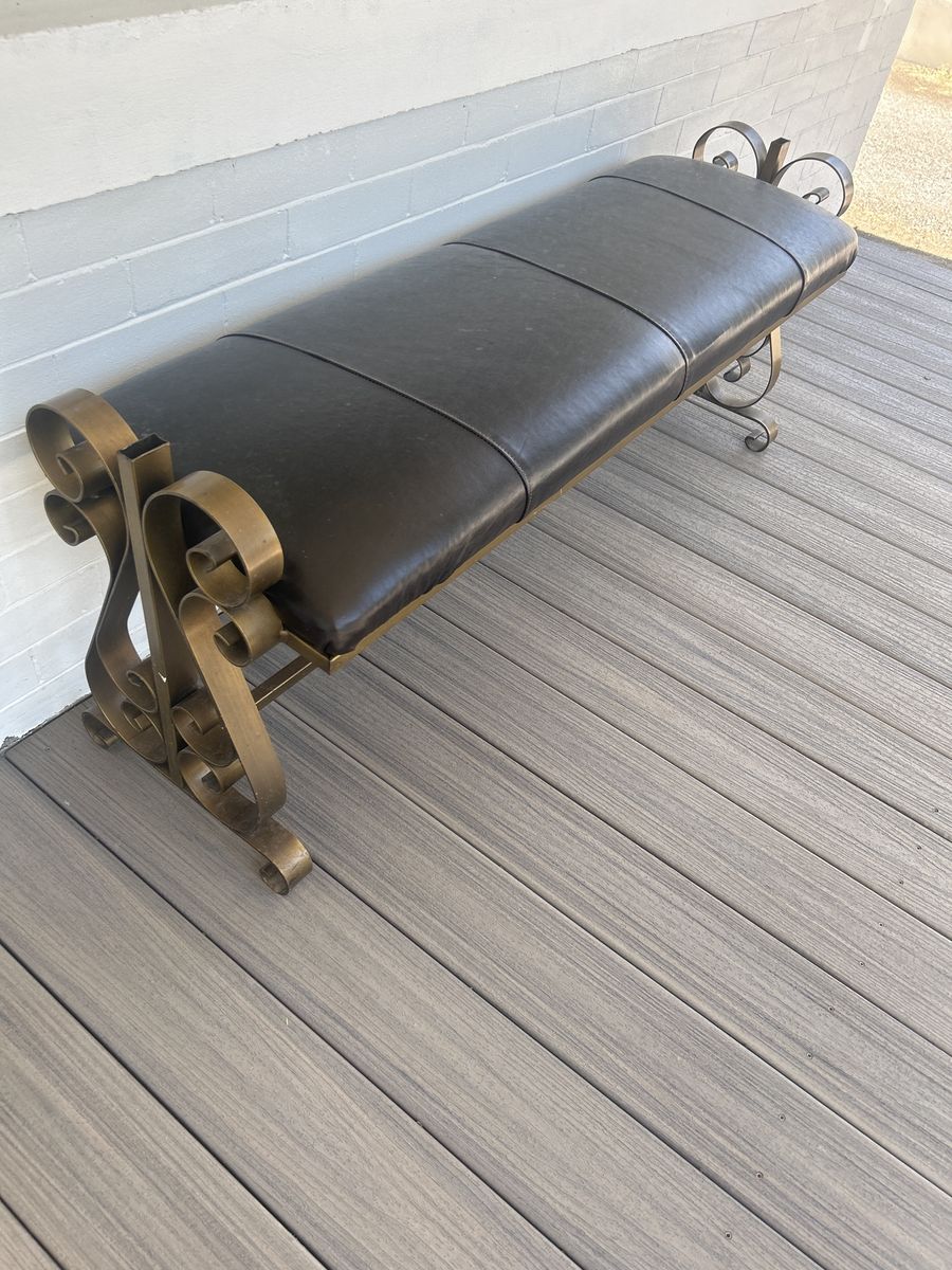 Vintage Wrought Iron & Leather Bench - Ornate Gold Finish, Black Leather Upholstery