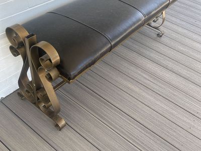 Vintage Wrought Iron & Leather Bench - Ornate Gold Finish, Black Leather Upholstery