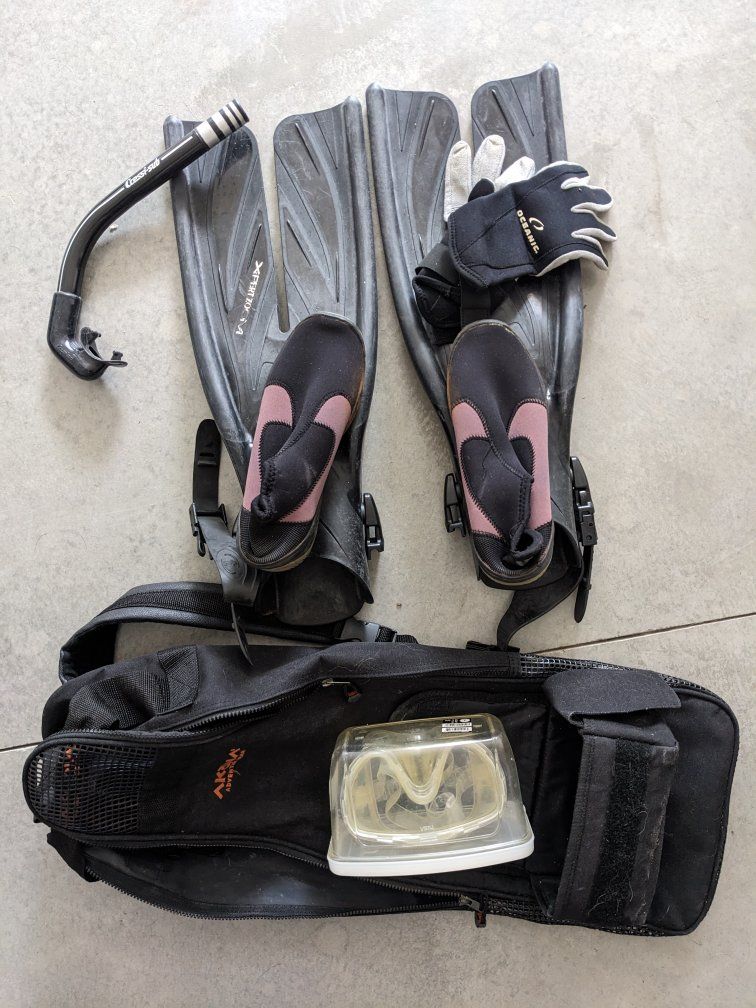 Aqualung Atlantis Mask, Scubapro Fins, Oceanic Snorkel, Gloves, and Water Shoes Dive Set