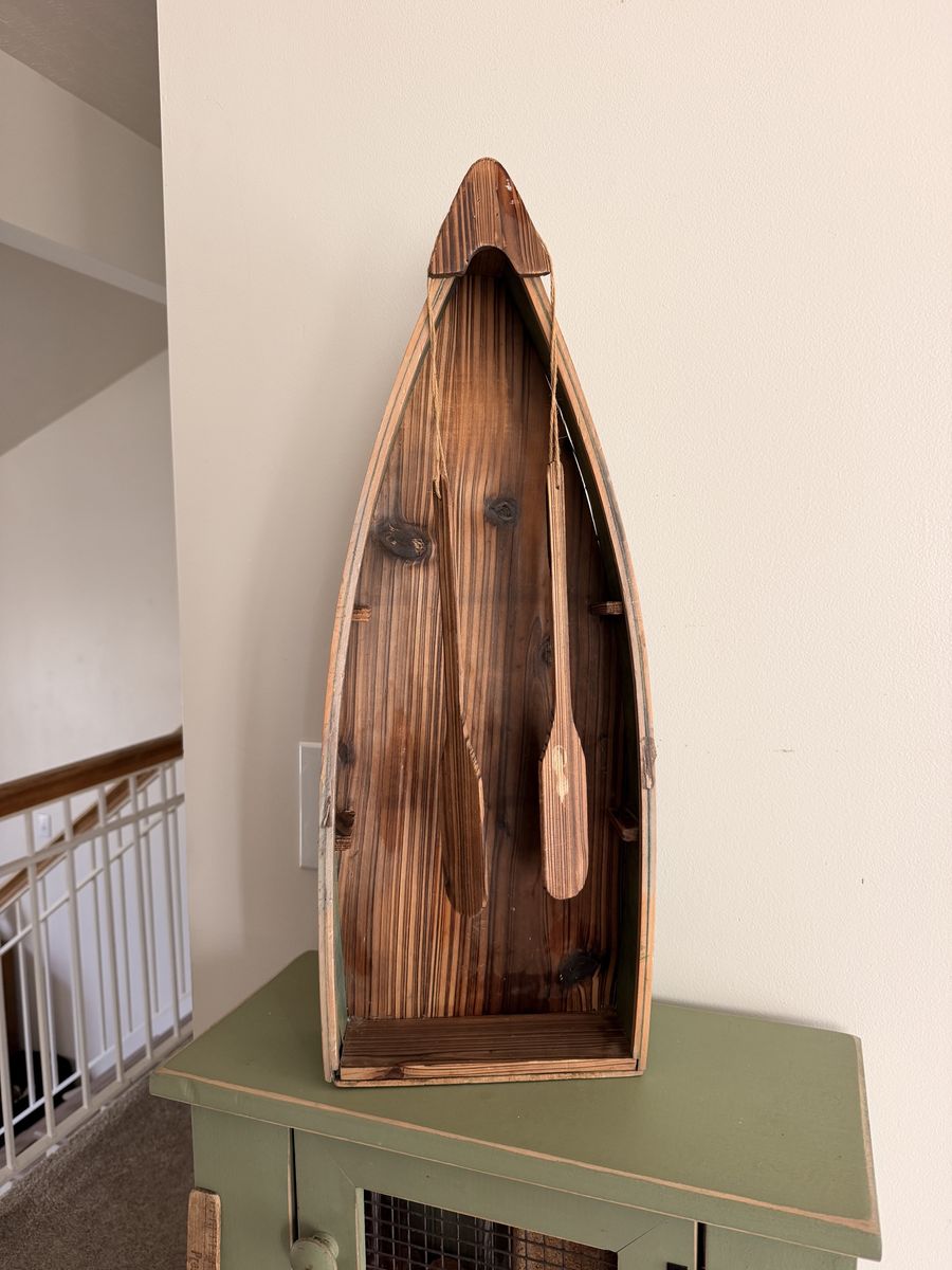 Rustic Wooden Canoe Shelf Wall Decor with Miniature Paddles oars
