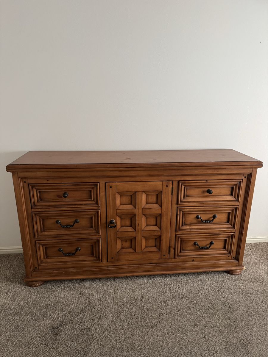 Solid Wood Dresser / Media Console, 9 Drawers & Cabinet, Rustic Brown Finish