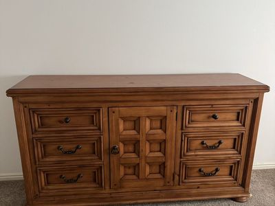 Solid Wood Dresser / Media Console, 9 Drawers & Cabinet, Rustic Brown Finish