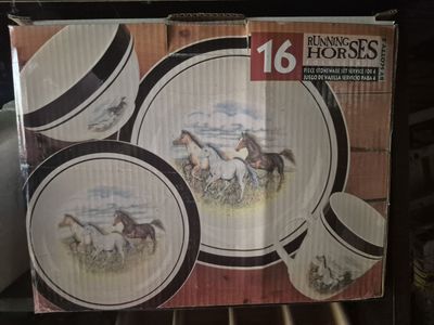 4 setting Running Horses stoneware set