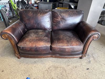 Used Leather Loveseat - Dark Brown, Ornate Wood Trim, Nailhead Accents, 2-Seater