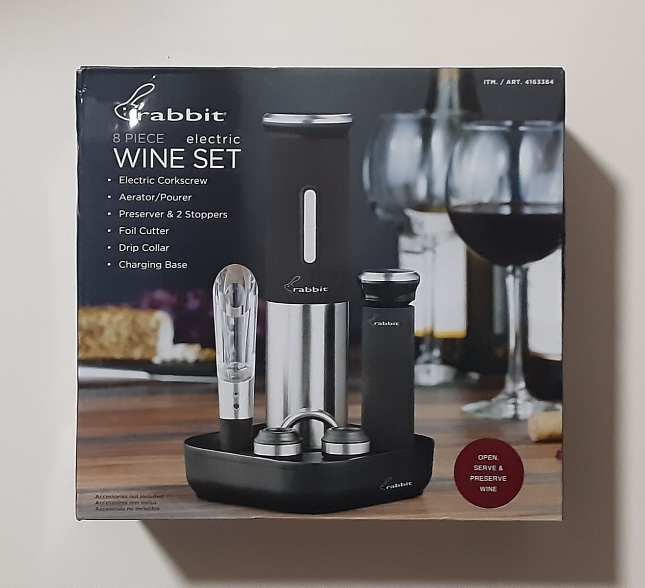 Rabbit 8-Piece Rechargeable Electric Wine Set for Opening and Serving - New