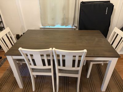 Dining Table Set: 4 Chairs & Bench, Gray Wood Top, White Base, Upholstered Seats