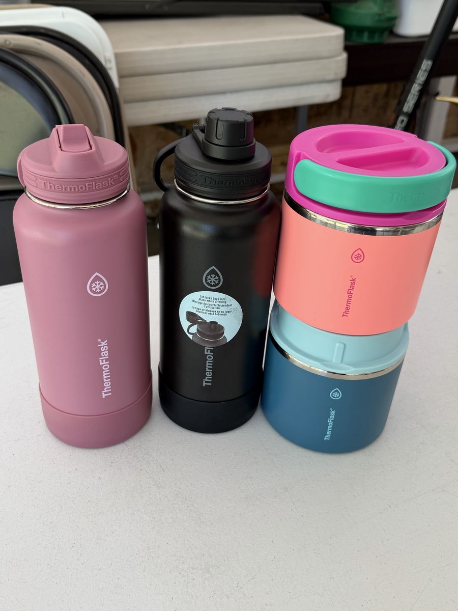 ThermoFlask Water Bottles & Food Jar Set - Pink, Black, Blue, Coral - Insulated Hydration & Lunch