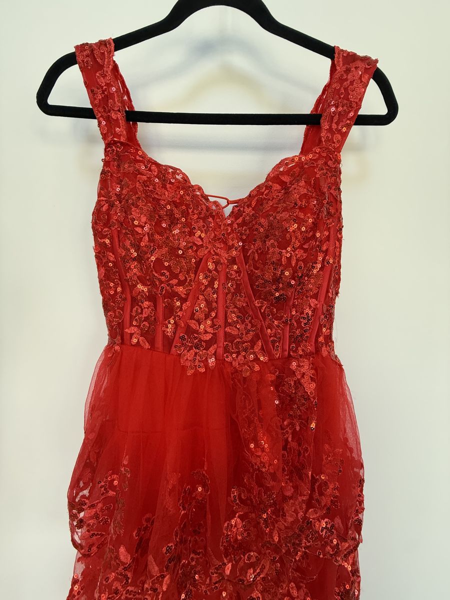 Red Corset Tiered Tulle Lace-up Back Prom Dress