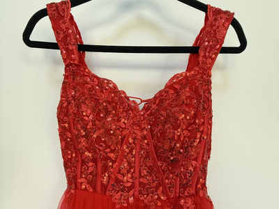 Red Corset Tiered Tulle Lace-up Back Prom Dress