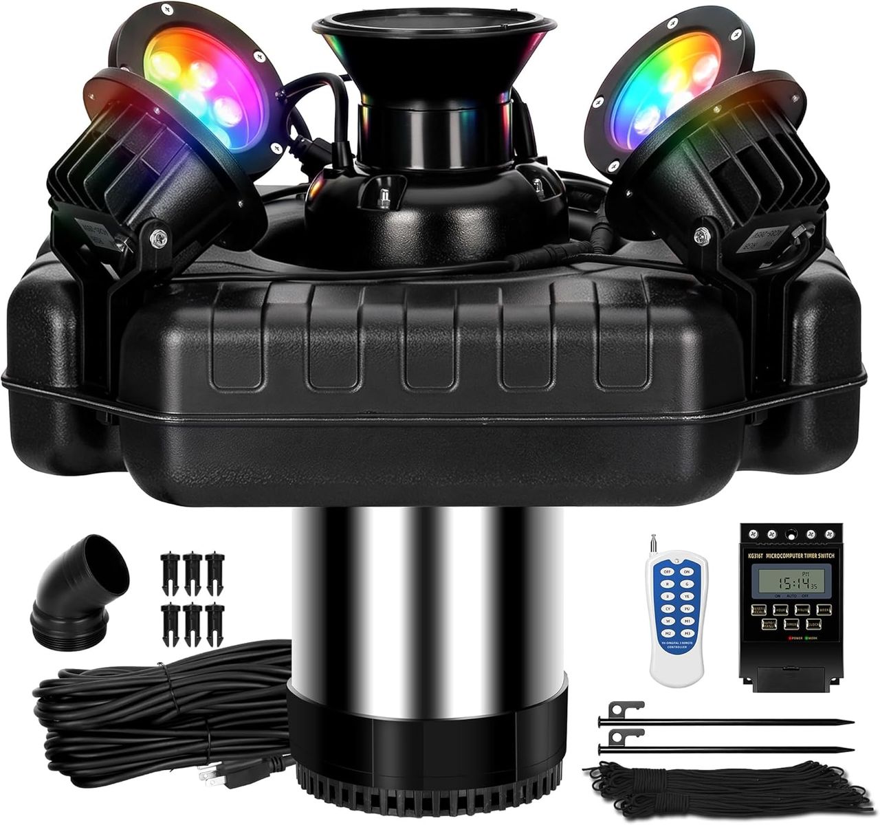 NEW Pond Fountain Aerator 4 RGB Lights, 1HP Stainless Steel Floating Pond Pump, 100FT Power Cord, Programmable, etc.