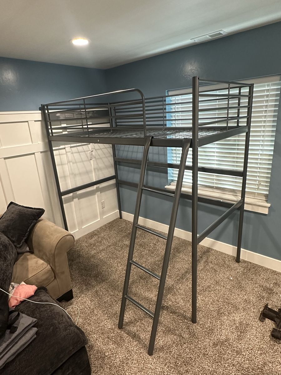 Twin Size Metal Loft Bed Frame with Built-in Ladder and Guard Rails