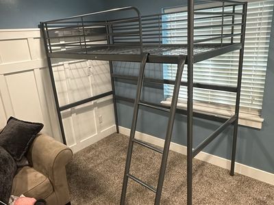 Twin Size Metal Loft Bed Frame with Built-in Ladder and Guard Rails