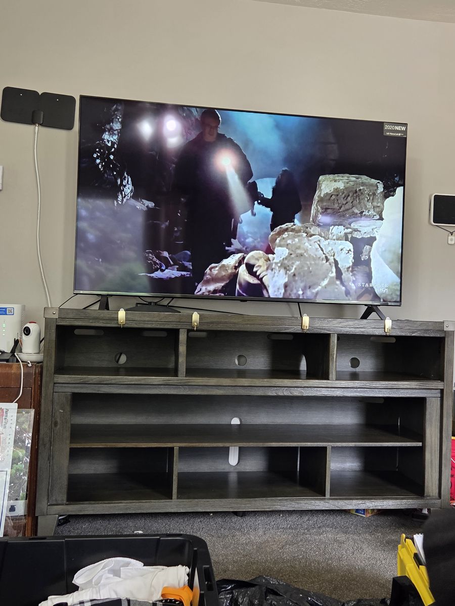 Spacious Grey Wood Media Console TV Stand with Open Shelving & Cord Management for TVs up to 65"