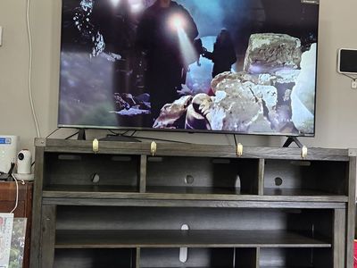 Spacious Grey Wood Media Console TV Stand with Open Shelving & Cord Management for TVs up to 65"