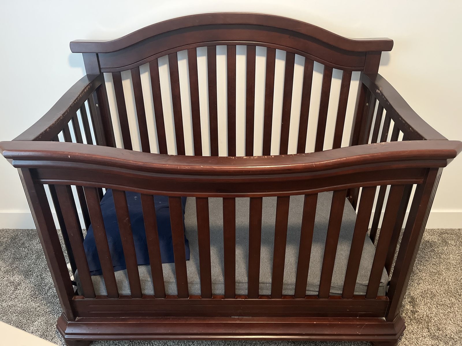 Dark Wood Baby Crib - Minor Wear & Tear, Solid Construction