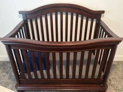Dark Wood Baby Crib - Minor Wear & Tear, Solid Construction