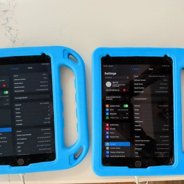 Pair of Apple iPad Minis 4th Gen, 128GB, WiFi, Space Gray with Blue Kids Cases