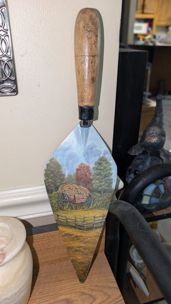 Vintage Hand Painted Garden Trowel Wall Art, Signed L. Frogue, Rustic Country Farmhouse Scene Decor