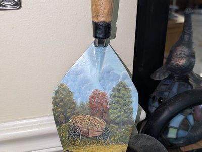 Vintage Hand Painted Garden Trowel Wall Art, Signed L. Frogue, Rustic Country Farmhouse Scene Decor