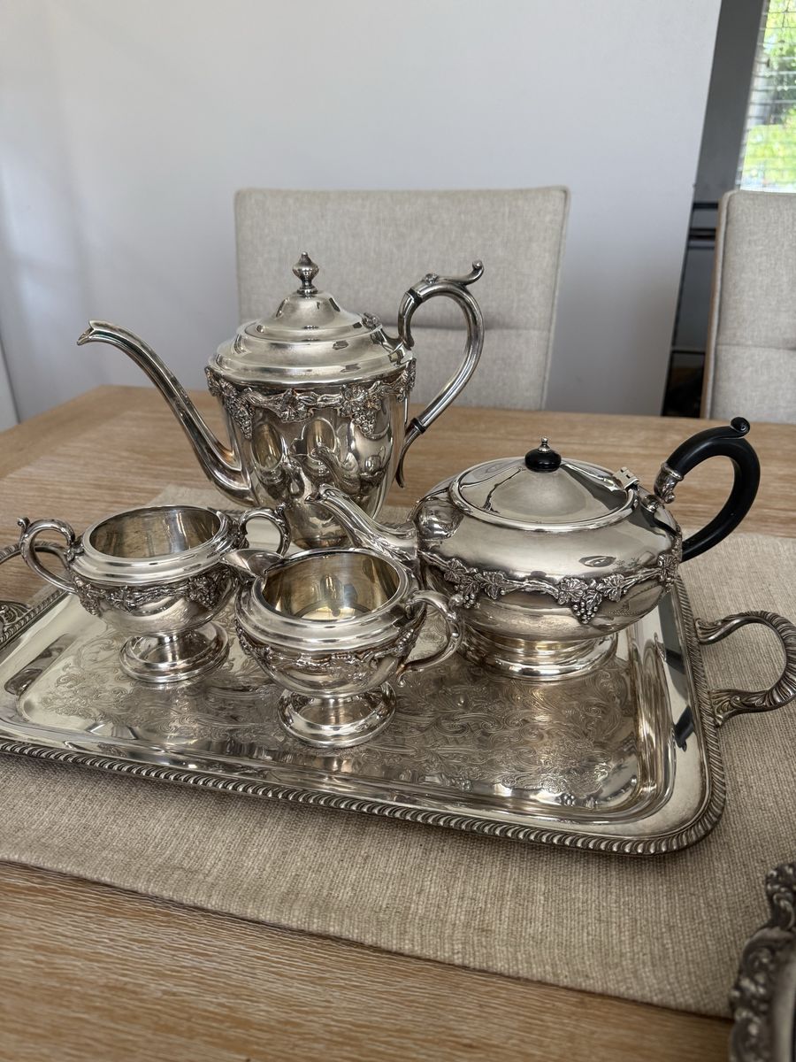 Vintage Silver Plated Tea and Coffee Service Set with Serving Tray & Dishes