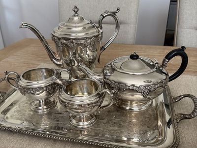 Vintage Silver Plated Tea and Coffee Service Set with Serving Tray & Dishes