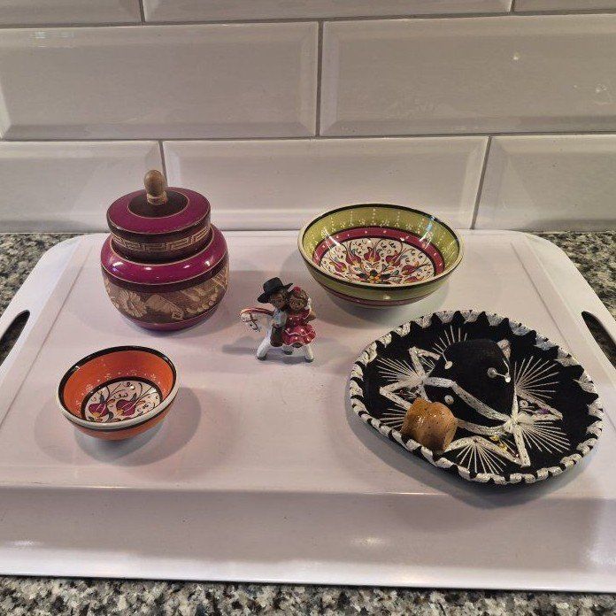 Mexican Folk Art Collection - Bowls, Sombrero, Wooden Jar, Figurine