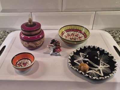Mexican Folk Art Collection - Bowls, Sombrero, Wooden Jar, Figurine