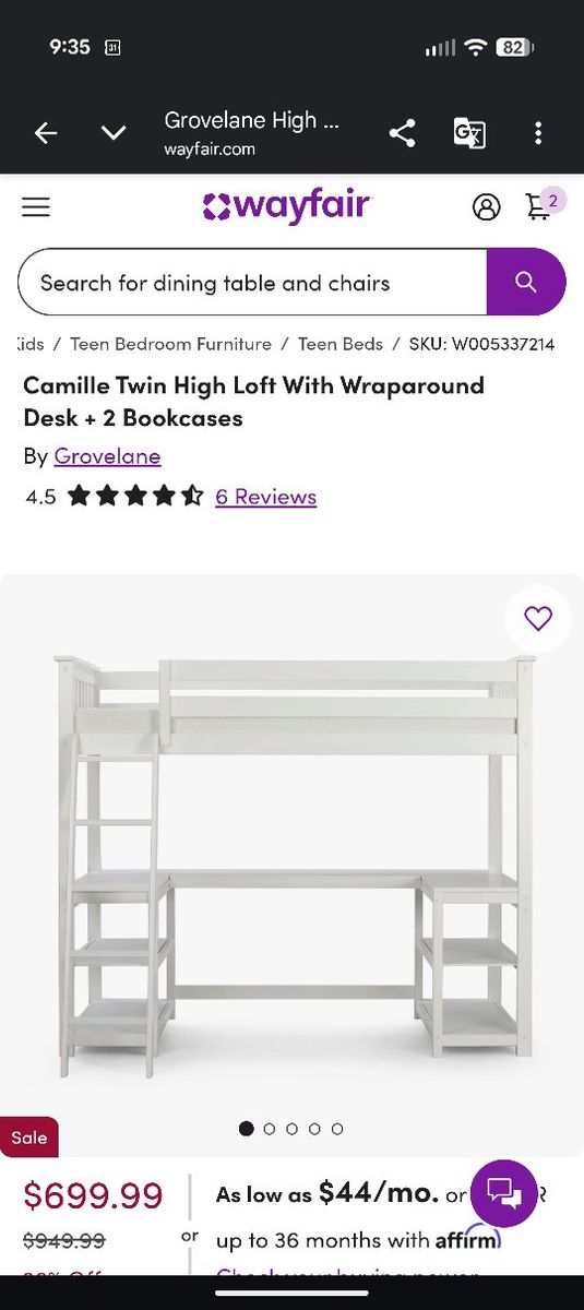 Grovelane Camille Twin High Loft Bed with Wraparound Desk and 2 Bookcases