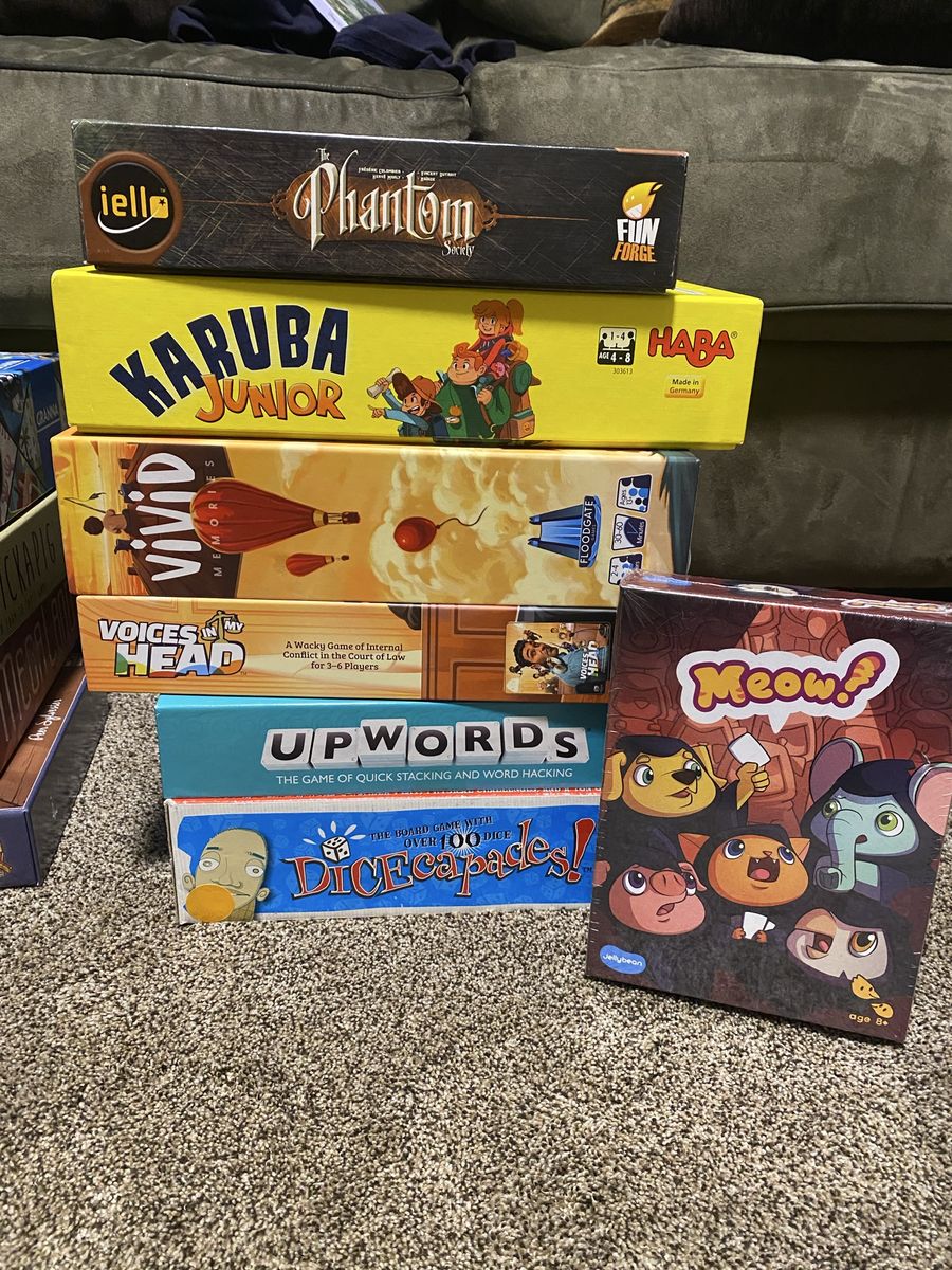 Board Game Lot - The Phantom Society, Karuba Junior, Vivid, Voices In My Head, Upwords, Dicecapades & Meow!
