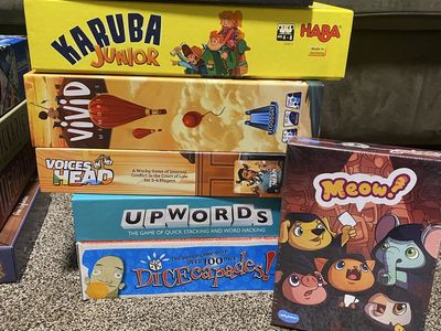 Board Game Lot - The Phantom Society, Karuba Junior, Vivid, Voices In My Head, Upwords, Dicecapades & Meow!