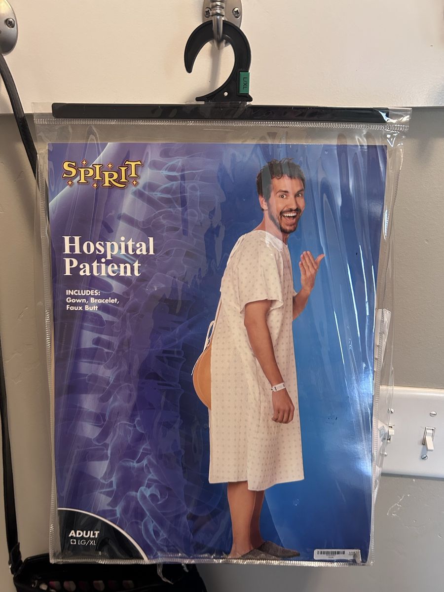 Spirit Halloween Hospital Patient Adult Costume L/XL Gown Bracelet Faux Butt
