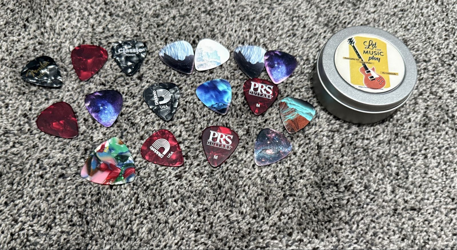Assorted Guitar Picks Lot with Storage Tin Fender PRS D'Addario