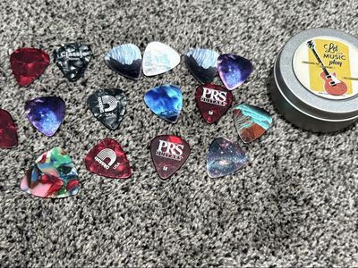 Assorted Guitar Picks Lot with Storage Tin Fender PRS D'Addario