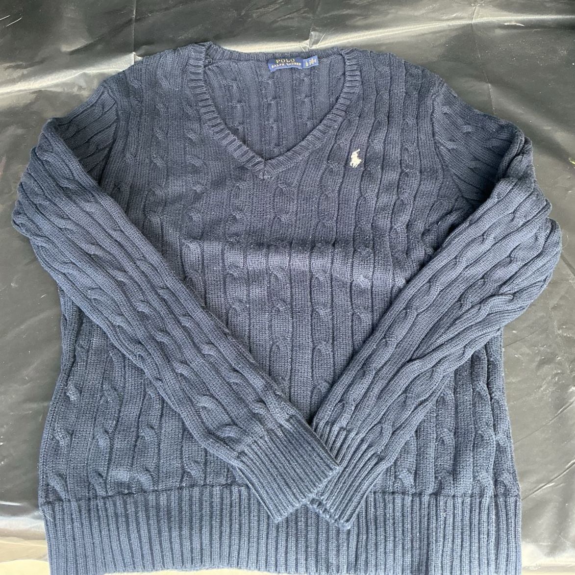 Polo Ralph Lauren Women's Navy Cotton Cable Knit V-Neck Sweater Size L