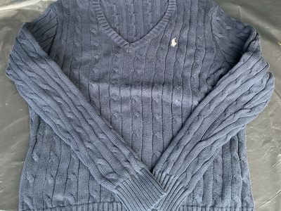 Polo Ralph Lauren Women's Navy Cotton Cable Knit V-Neck Sweater Size L