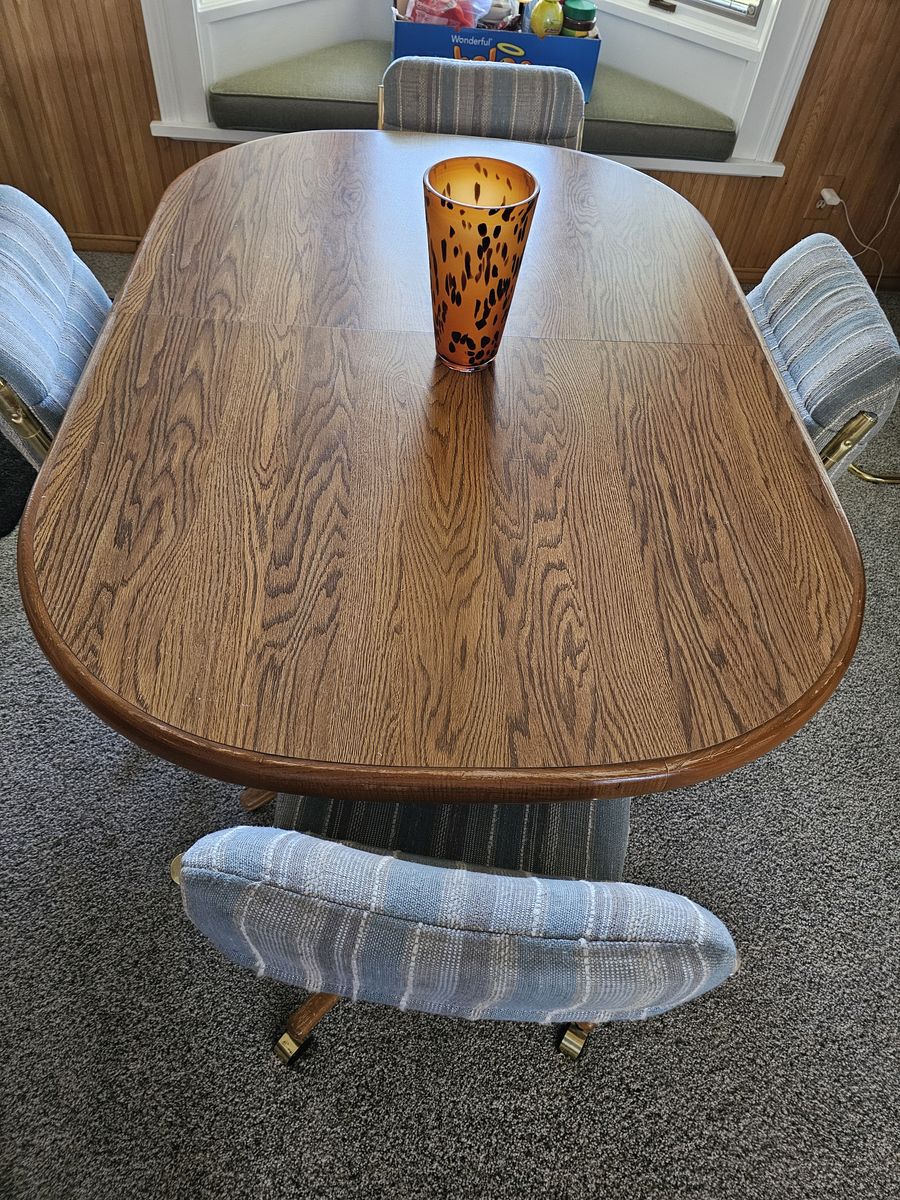 Vintage 90s Rolling Kitchen Table Set - 4 Caster Chairs, 2 Leaves, 2 Bar Stools - Taylorsville