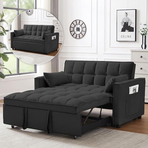 3-in-1 Convertible Couch Velvet Sleeper Sofa Bed Black