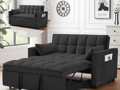 3-in-1 Convertible Couch Velvet Sleeper Sofa Bed Black