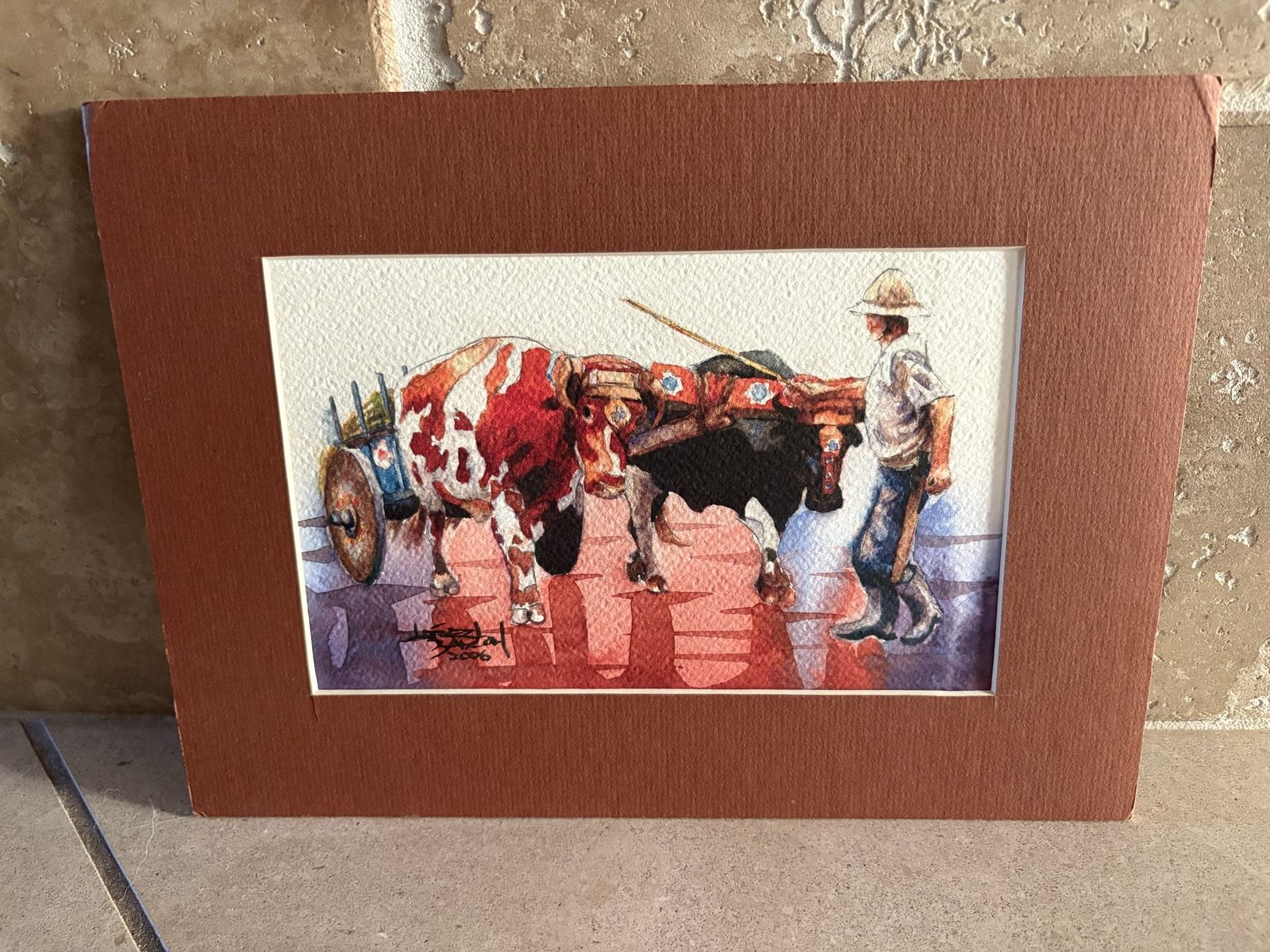 Watercolor of Man with Oxen Signed Lopez Baylon