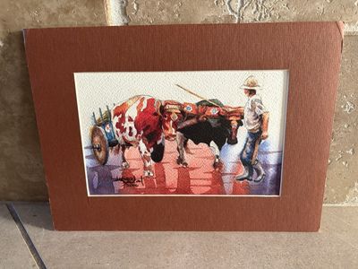 Watercolor of Man with Oxen Signed Lopez Baylon