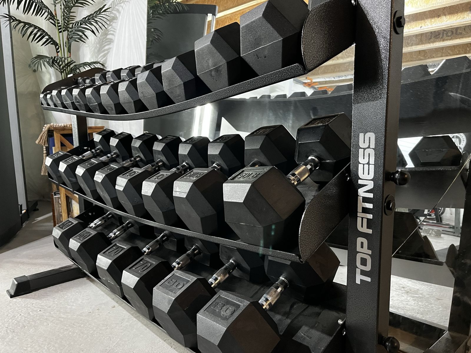 Hex Dumbbell Set 5-80 lbs with 3-Tier Rack, Commercial Grade, Rubber Encased, and Mirror