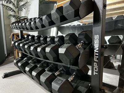 Hex Dumbbell Set 5-80 lbs with 3-Tier Rack, Commercial Grade, Rubber Encased, and Mirror