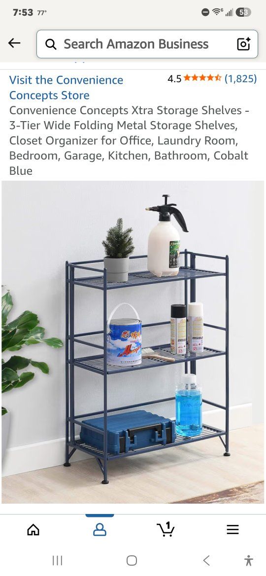 Convenience Concepts Xtra Storage 3-Tier Wide Folding Metal Storage Shelf, Cobalt Blue